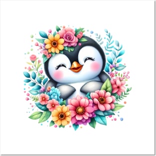 A baby penguin decorated with beautiful colorful flowers. Posters and Art